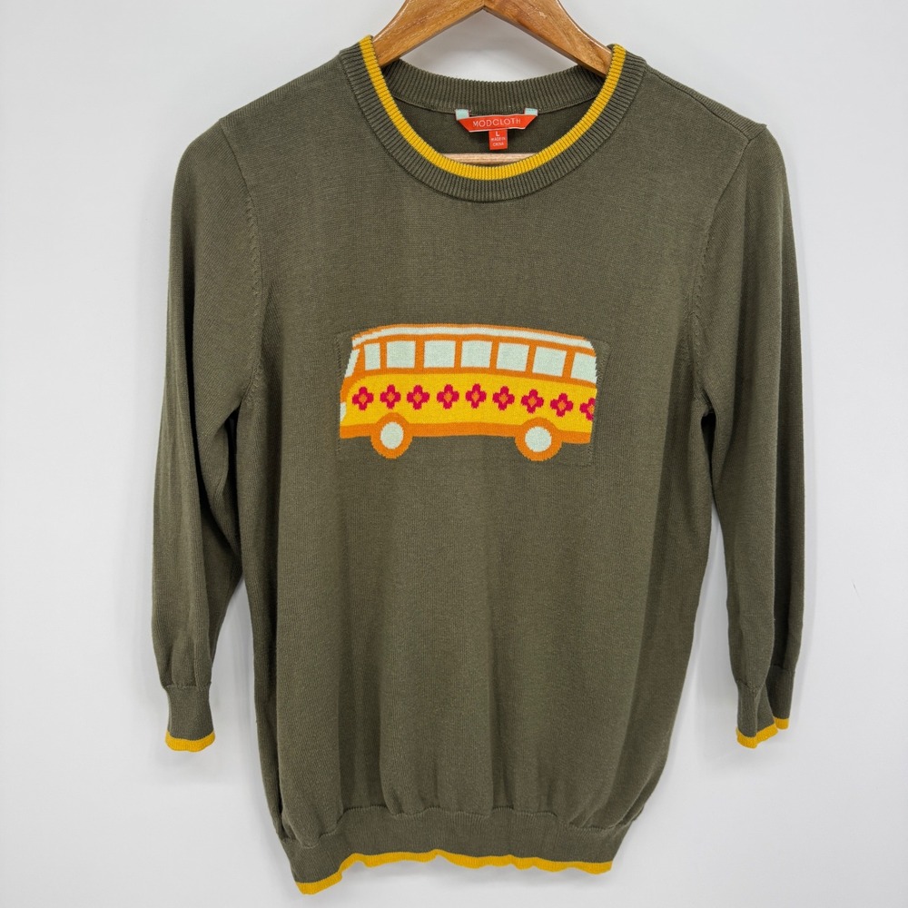 ModCloth Camper Van Sweater Womens L Green Retro Boho Indie Knit Casual Novelty